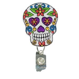 Day of the Dead Skull Retractable ID Badge Snap Holder Clip Teacher Nurse Doctor